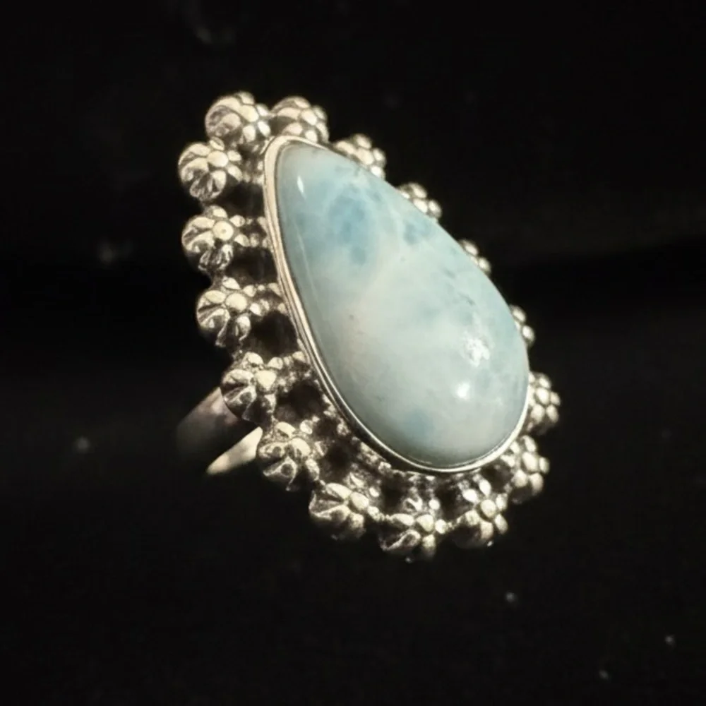 Elegant sterling Silver and genuine Blue larimar Teardrop‎ Ring